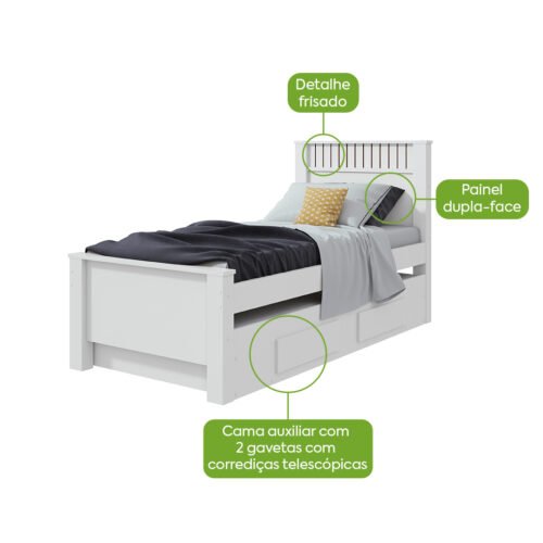 Alternative view of Cama Solteiro Athenas com Auxiliar Branco – LOPAS