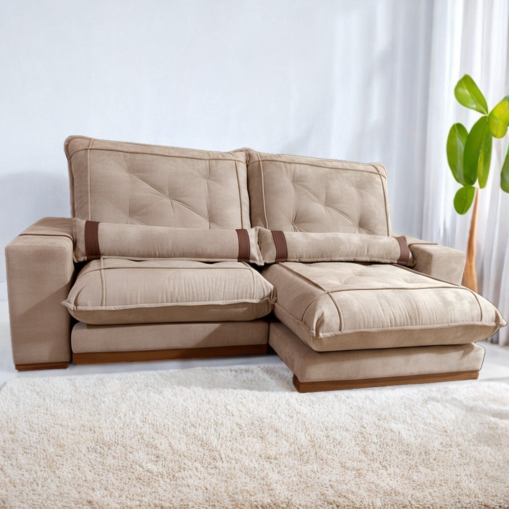 Sofa Retratil e Reclinavel Ibiza/Poseidon 2,50 m Veludo Bege 106 - ZARAT ESTOFADOS