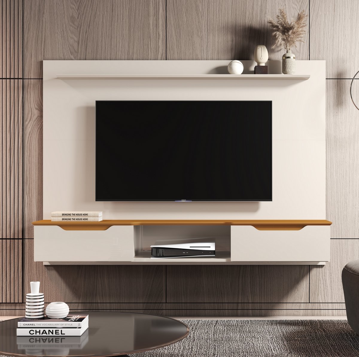Painel até 75" Studio 2.18 Off White/Cedro - EDN MÓVEIS