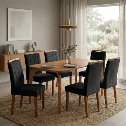 Mesa Capri 160 (S/Vidro) Laminado Natural com 6 Cadeiras Las Vegas Veludo Preto 13 – MÓVEIS VALVERDE + OURO DECOR