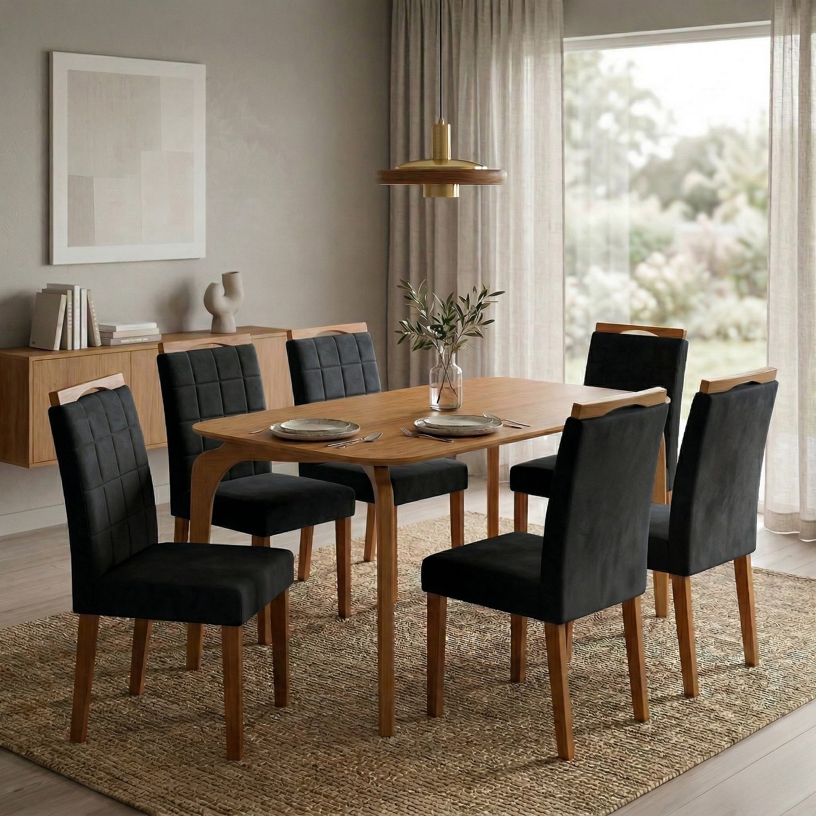 Mesa Capri 160 (S/Vidro) Laminado Natural com 6 Cadeiras Las Vegas Veludo Preto 13 – MÓVEIS VALVERDE + OURO DECOR