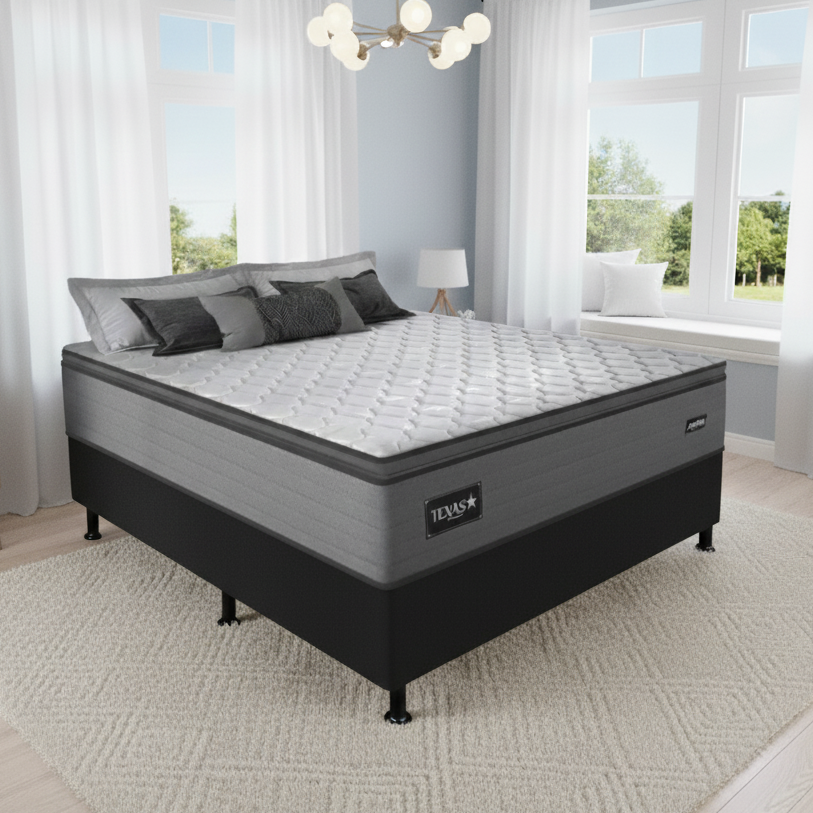 Colchão Casal Texas 29 cm D28 Molas Ensacadas + Base Simples Corino Preto – GAZIN + BIOSTAR
