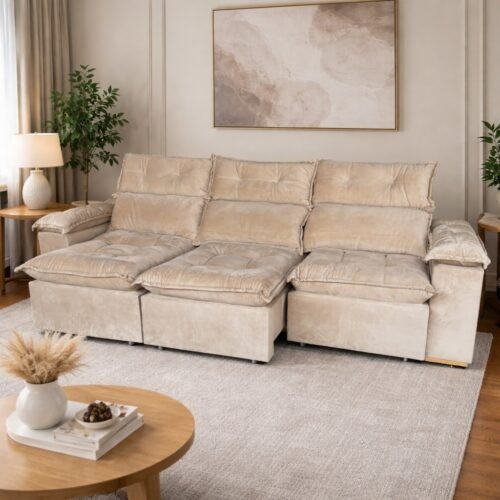 Sofá Retrátil e Reclinável Imperial 2,75 m Veludo Jolie Bege 03 - IMPERIAL DECOR