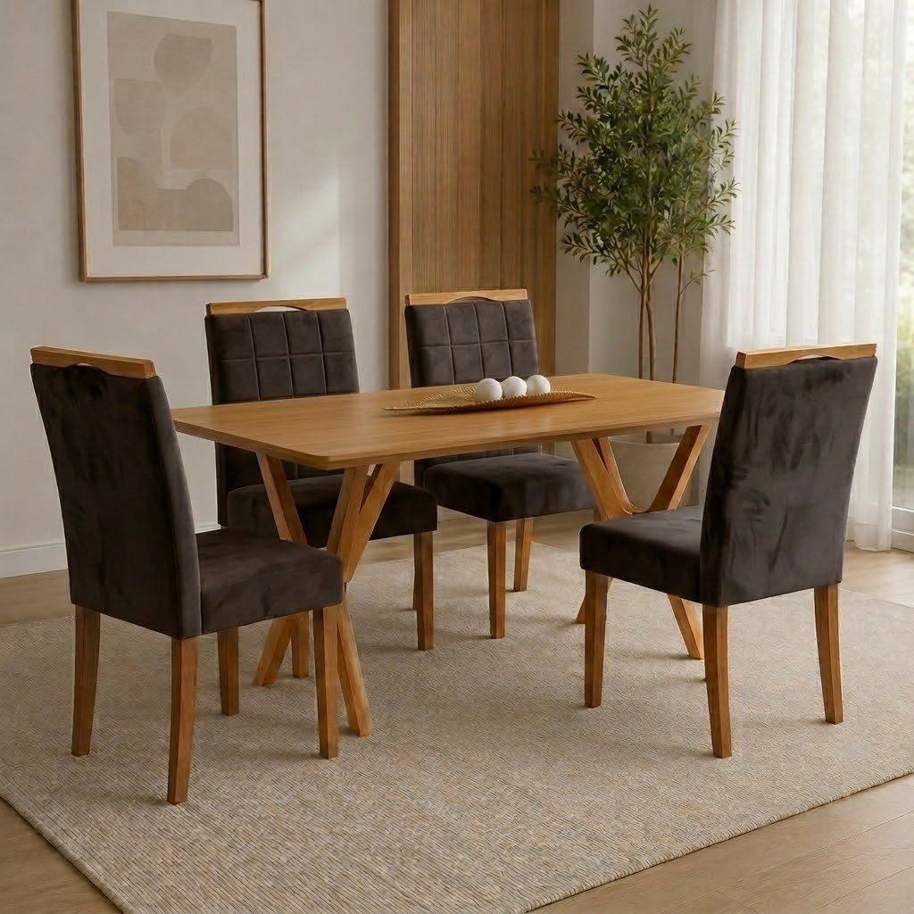 Mesa Essência 120 (S/Vidro) Cinamomo com 4 Cadeiras Las Vegas Veludo Marrom 17 – JCM MOVELARIA + OURO DECOR