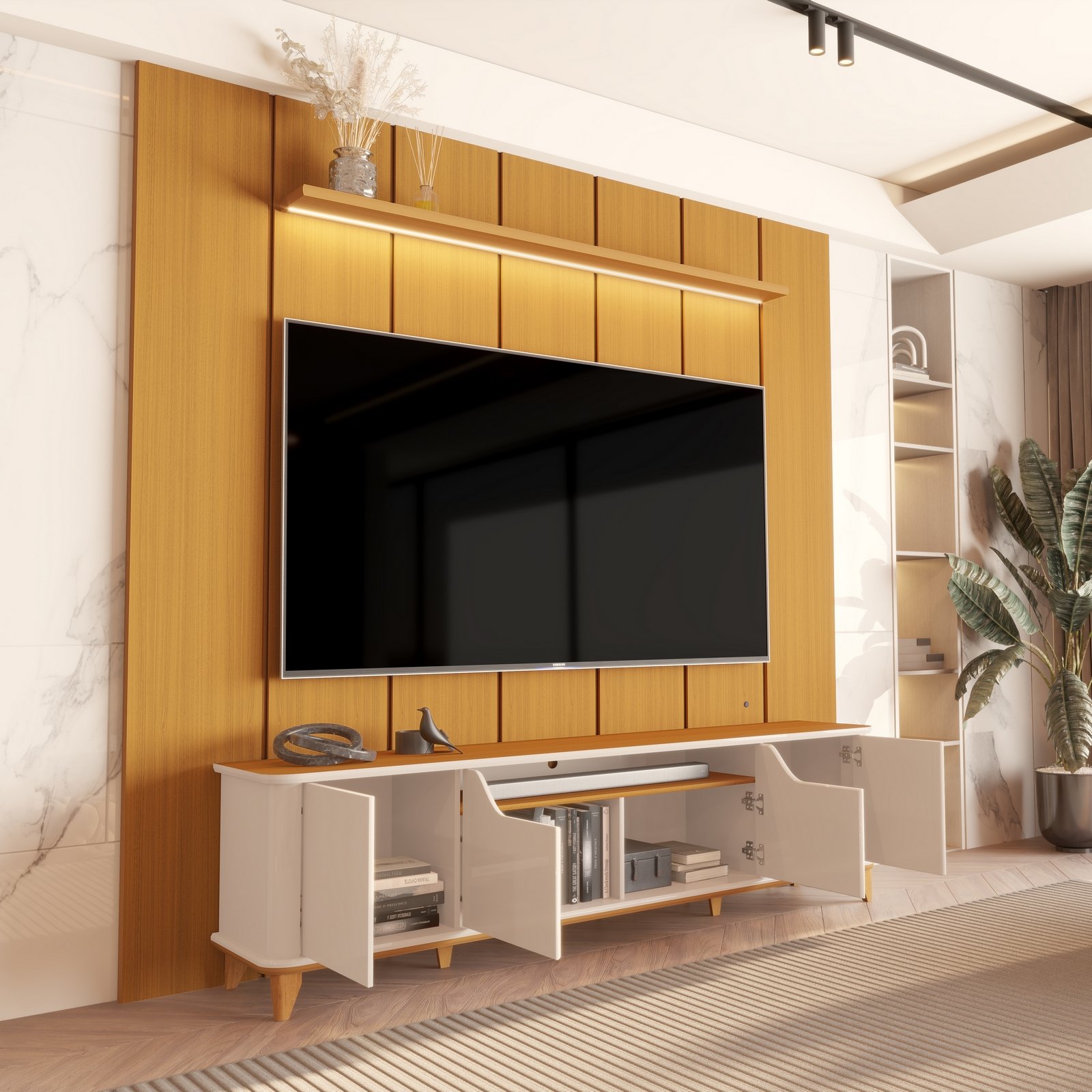 Painel até 75″ Lumi 2.19 Cedro + Rack Aron Off White/Cedro – EDN MÓVEIS - Imagem 2