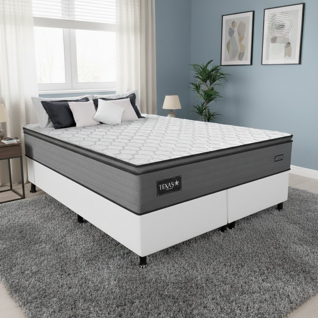 Colchão Queen Texas 29 cm D28 Molas Ensacadas + Base Simples Corino Branco – GAZIN COLCHÕES + ALTO NÍVEL