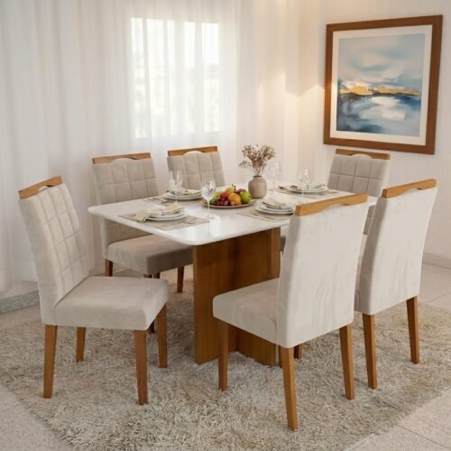 Mesa Salinas 160 (Tampo Londres c/vidro) Cinamomo/Off White com 6 Cadeiras Las Vegas Veludo Bege 01 – CEL MÓVEIS + OURO DECOR