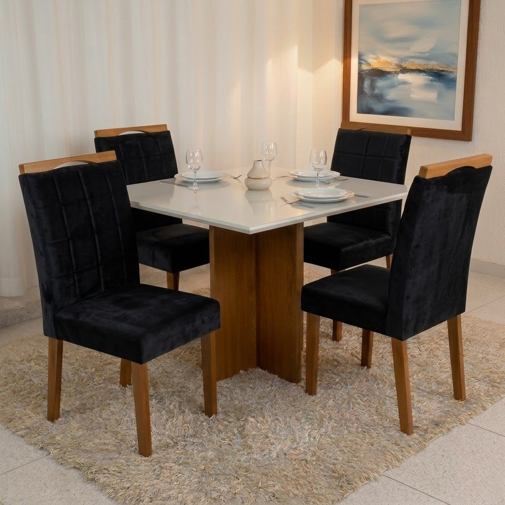 Mesa Salinas 90 (Tampo Dakota c/vidro) Cinamomo/Off White com 4 Cadeiras Las Vegas Veludo Preto 13 – CEL MÓVEIS + OURO DECOR