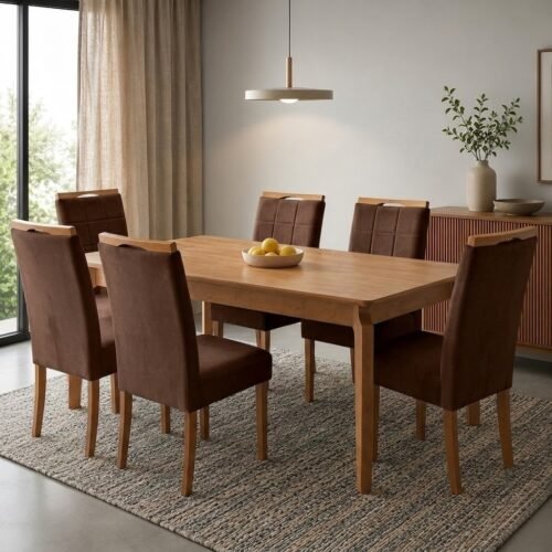 Mesa Atos 180 (Tampo 26 mm) Laminada Mel com 6 Cadeiras Las Vegas Veludo Marrom 17 – VIEIRA DECOR + OURO DECOR