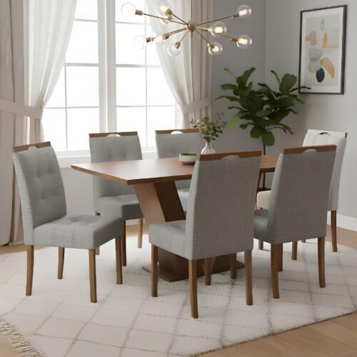 Mesa Classic 160 Cinamomo Laminado com 6 Cadeiras Sophia Linho Cinza Grafite 206 – CEL MÓVEIS + WM DECOR
