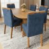 Mesa Isis 180 Freijó com 6 Cadeiras Sophia Veludo Azul – LEIFER + WM DECOR