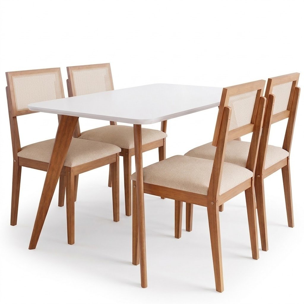 Mesa Acerola 130 (C/Vidro) Madeira/Off White com 4 Cadeiras Encanto Linho Bege – CIMOL - Imagem 2