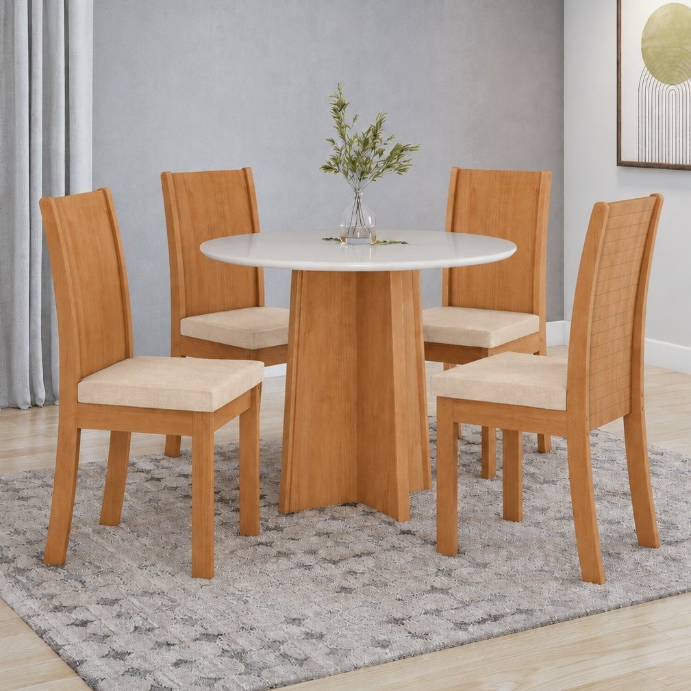 Mesa Redonda Celebrare 100 Amêndoa Clean/Off White com 4 Cadeiras Athenas Linho Bege – LOPAS