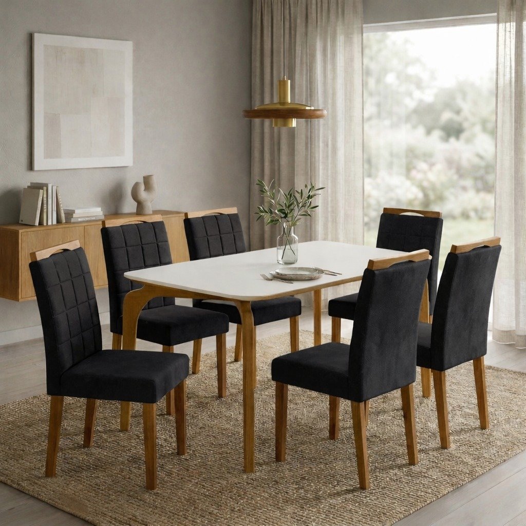 Mesa Capri 160 (C/Vidro) Cinamomo/Off White com 4 Cadeiras Las Vegas Veludo Preto 13 – MÓVEIS VALVERDE + OURO DECOR