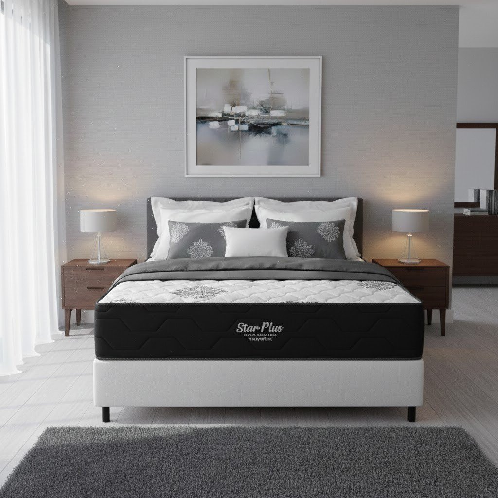 Colchão Casal Star Plus 25 cm D26 Molas Ensacadas + Base Simples Corino Branco – INOVAFLEX + BIOSTAR
