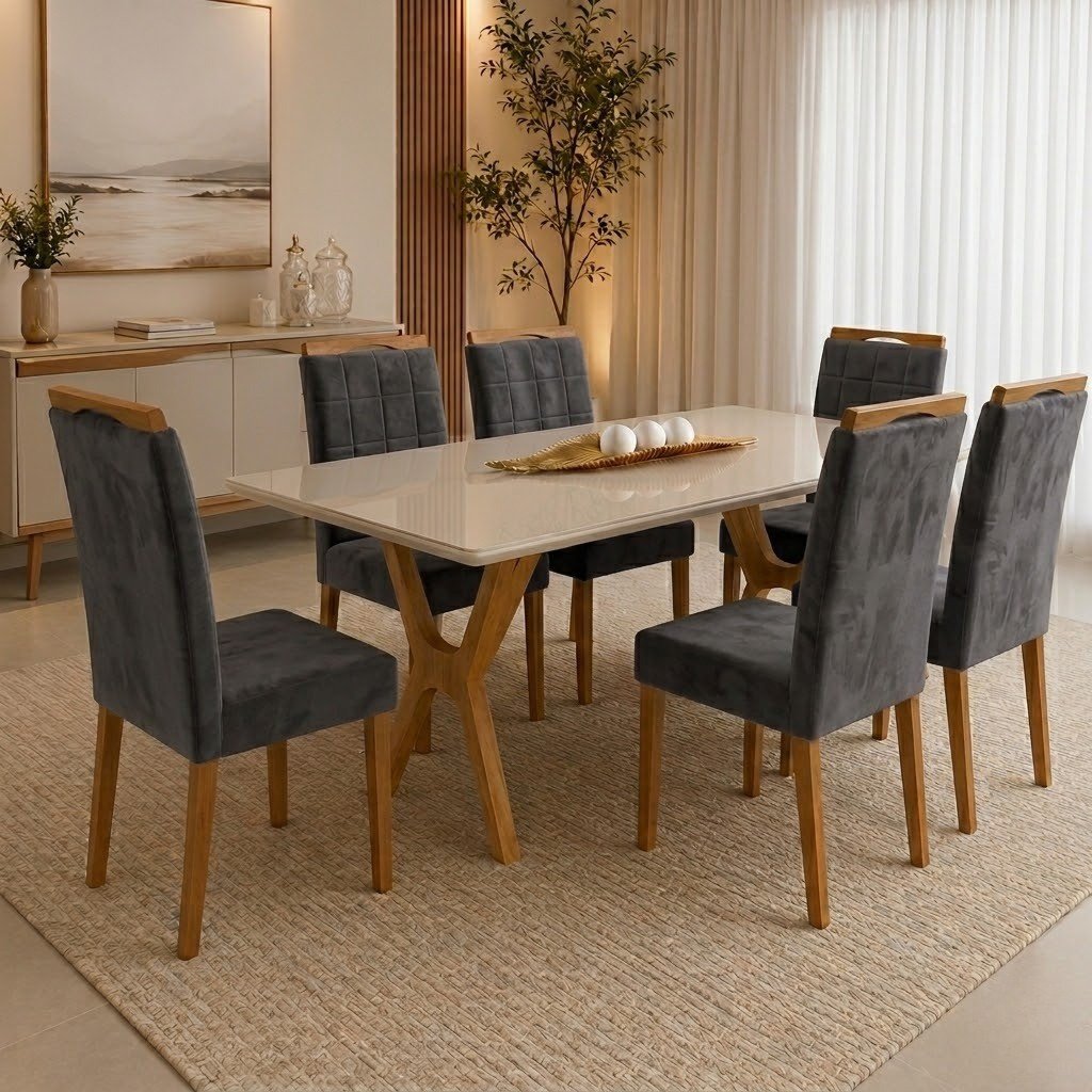 Mesa Essência 180 (C/Vidro) Cinamomo/Off White com 6 Cadeiras Las Vegas Veludo Cinza Grafite 10 – JCM MOVELARIA + OURO DECOR
