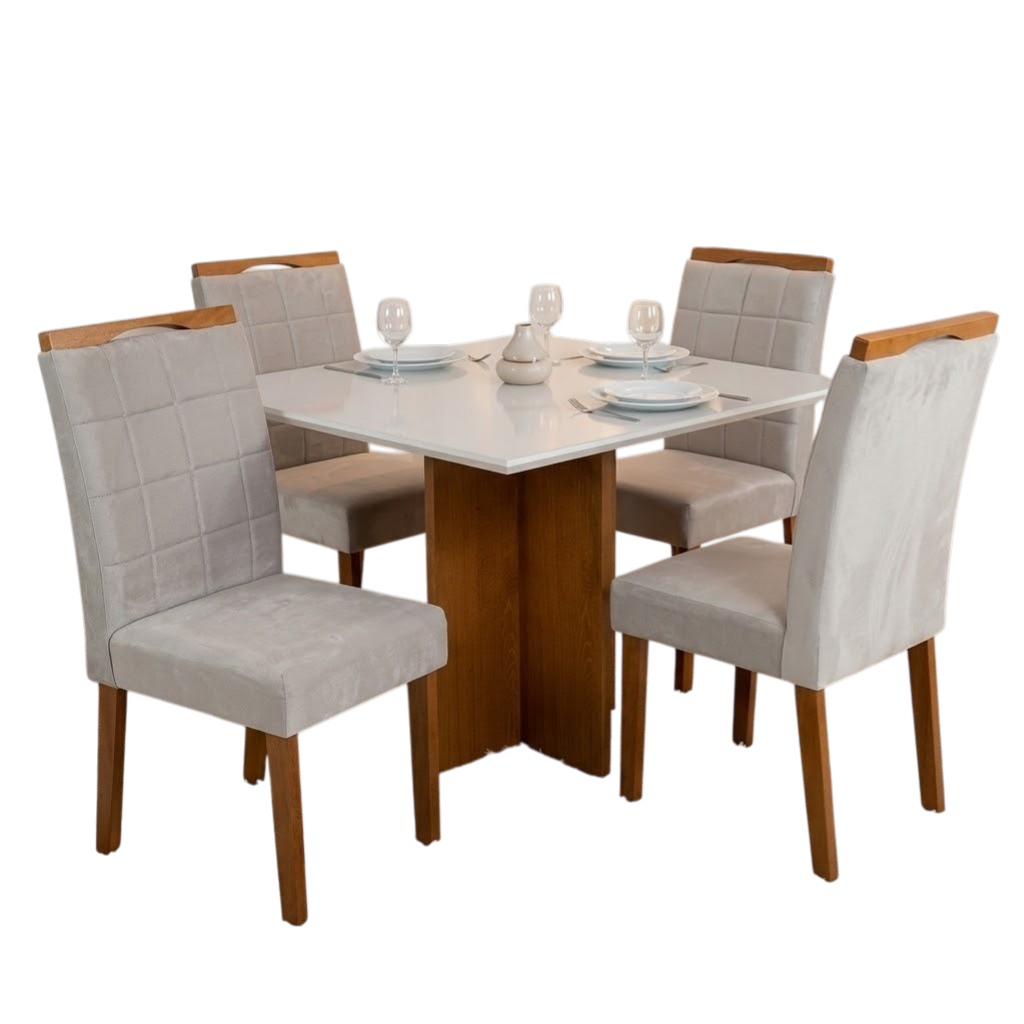 Mesa Salinas 90 (Tampo Dakota c/vidro) Cinamomo/Off White com 4 Cadeiras Las Vegas Veludo Bege 01 – CEL MÓVEIS + OURO DECOR - Imagem 2