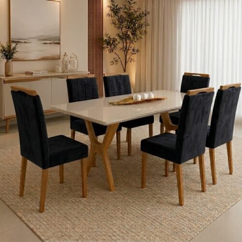 Mesa Essência 180 (C/Vidro) Cinamomo/Off White com 6 Cadeiras Las Vegas Veludo Preto 13 – JCM MOVELARIA + OURO DECOR