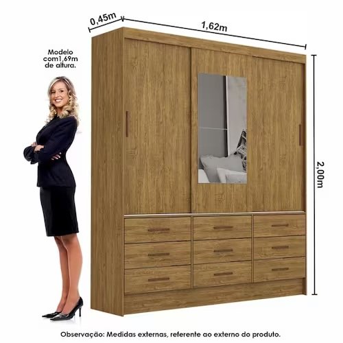 Guarda-Roupa 3 Portas Sevilha (Com espelho) 1,62 m Cinamomo - CARIOCA MOVEIS - Imagem 5