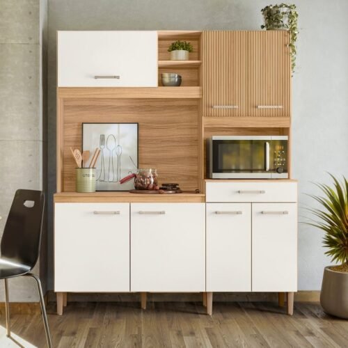 Kit Cozinha Yara 1,60 m Freijo/Off White Cristal/Ripado - NICIOLI