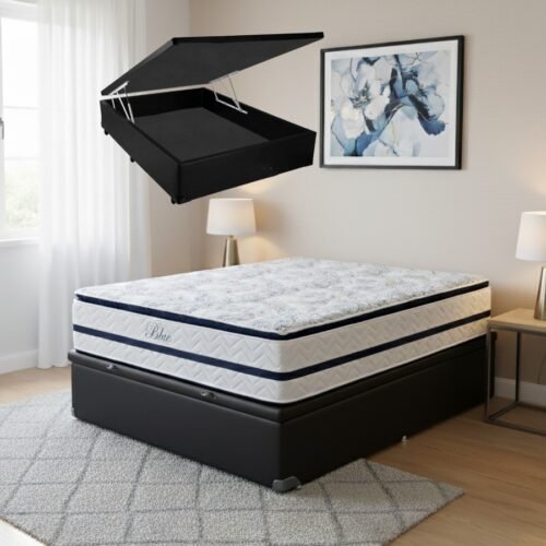 Colchão Casal Blue 32 cm H33 Molas Ensacadas + Base Baú Corino Preto – PAROPAS + BIOSTAR