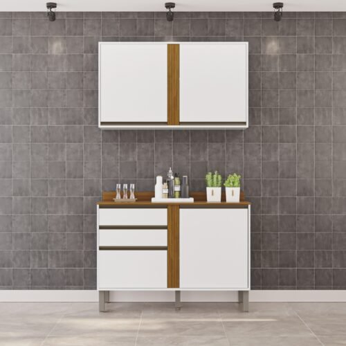 Armário Aéreo 2 Portas + Balcão Pérola 1,20 m Branco/Cinamomo – SALLÊTO