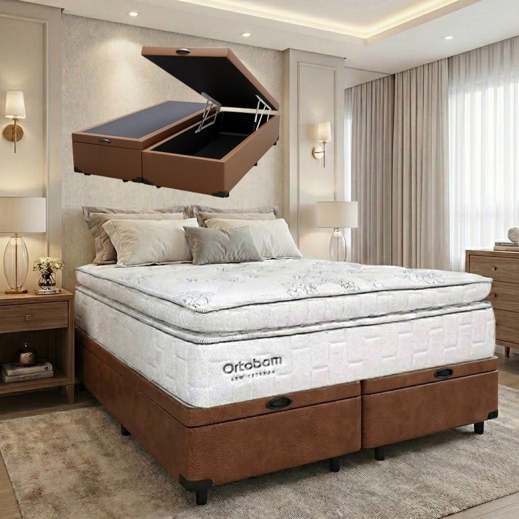 Colchão Queen New Freedom 32 cm D33 Molas Ensacadas + Base Baú Corino Marrom – ORTOBOM + ALTO NÍVEL