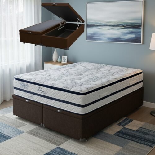 Colchão Queen Blue 32 cm H33 Molas Ensacadas + Base Baú Corino Marrom – PAROPAS + ALTO NÍVEL