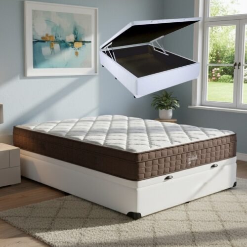 Colchão Casal Star One 30 cm D28/AG D70 + Base Baú Corino Branco – ANJOS + ALTO NÍVEL