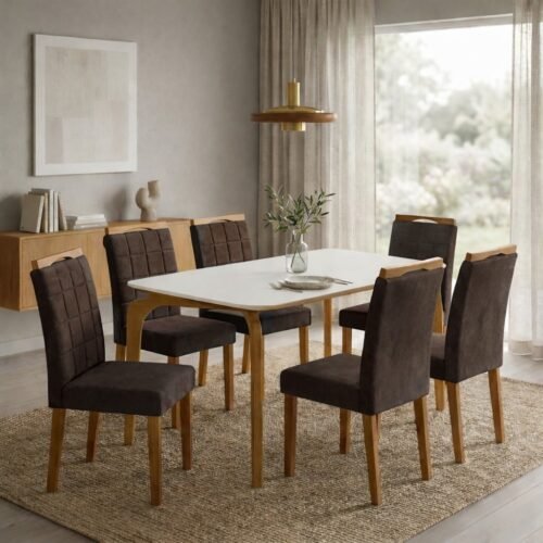 Mesa Capri 160 (C/Vidro) Cinamomo/Off White com 4 Cadeiras Las Vegas Veludo Marrom 17 – MÓVEIS VALVERDE + OURO DECOR