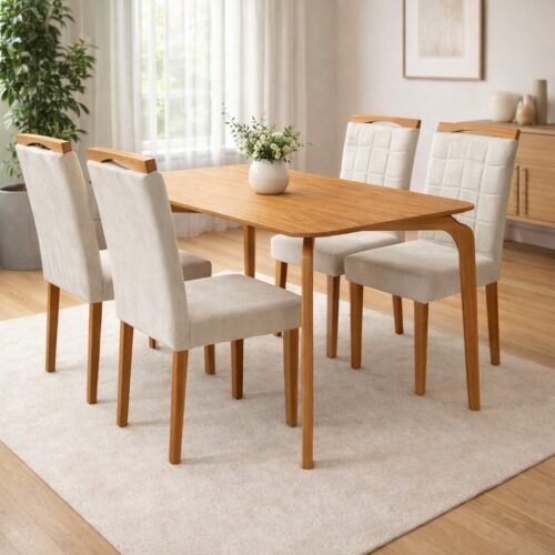 Mesa Capri 120 (S/Vidro) Laminado Natural com 4 Cadeiras Las Vegas Veludo Bege 01 – MÓVEIS VALVERDE + OURO DECOR