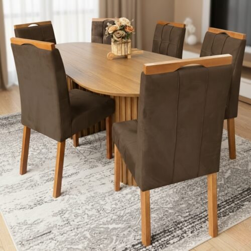 Mesa Isis 180 Freijó com 6 Cadeiras Sophia Veludo Marrom – LEIFER + WM DECOR