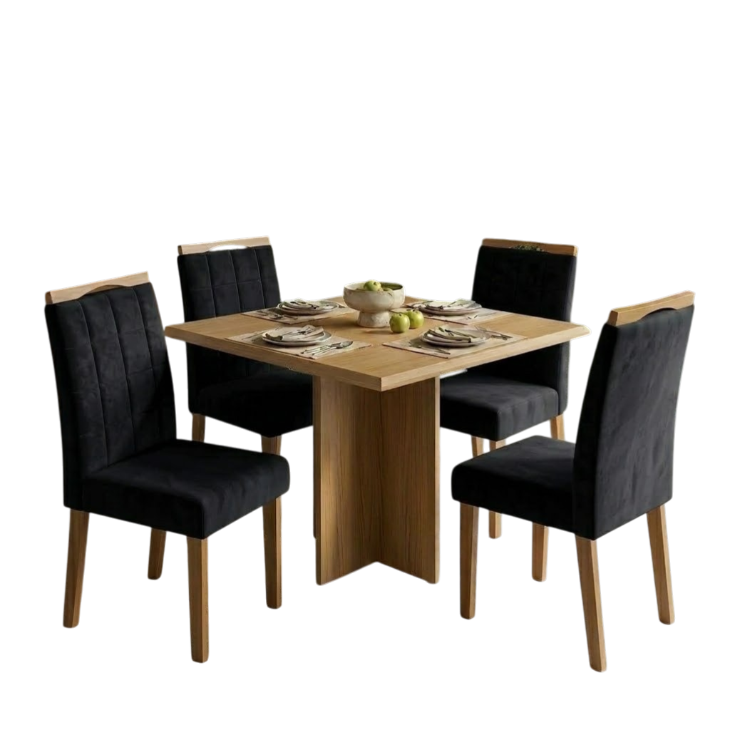 Mesa Pérola 90 Imbuia Mel (Tampo Viena s/vidro) com 4 Cadeiras Las Vegas Veludo Preto 13 – CARVALHO DECOR + OURO DECOR - Imagem 2