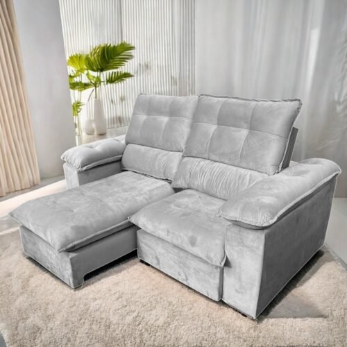 Sofá Retrátil e Reclinável Suíça 2,50 m Veludo Cinza Prata – LEO DECOR (PROMOÇÃO - LEVE AVARIA)