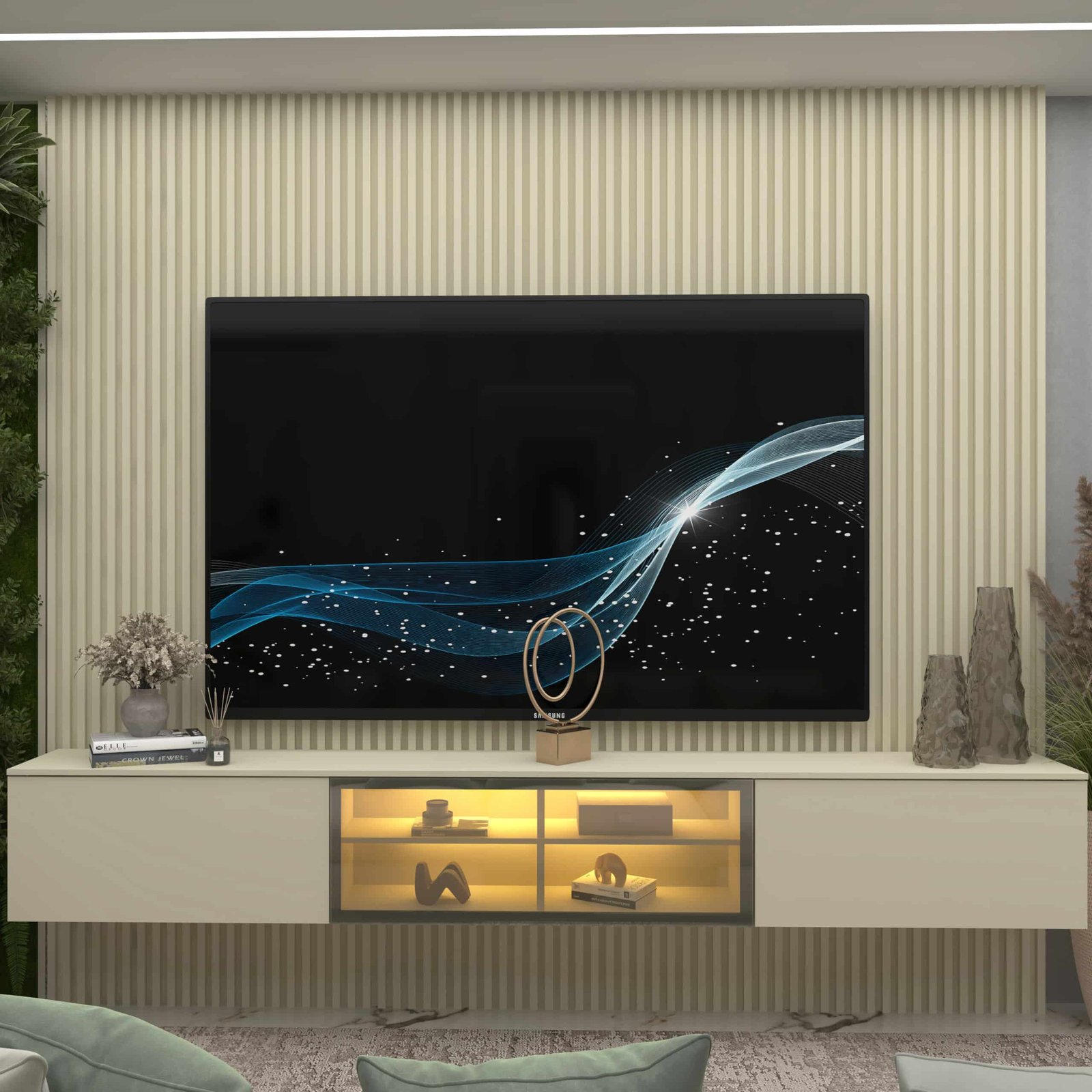 Home Suspenso até 85" Supremo Ripado 218 Off White com Nicho Luminare Off White - GELIUS - Imagem 3