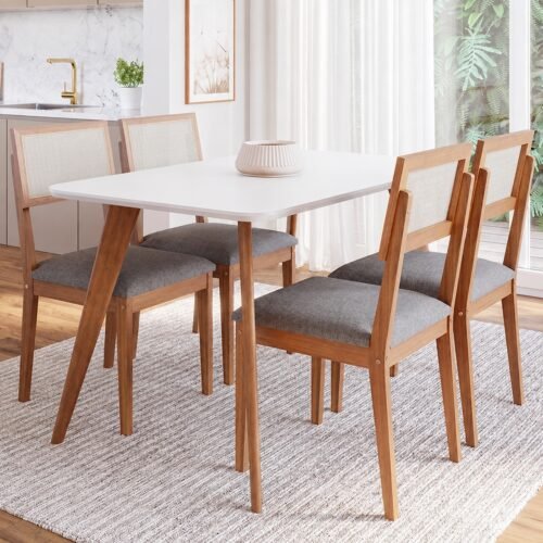 Mesa Acerola 130 (C/Vidro) Madeira/Off White com 4 Cadeiras Encanto Linho Cinza Grafite – CIMOL
