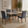 Mesa Essência 120 (C/Vidro) Cinamomo/Off White com 4 Cadeiras Las Vegas Veludo Cinza Grafite 10 – JCM MOVELARIA + OURO D