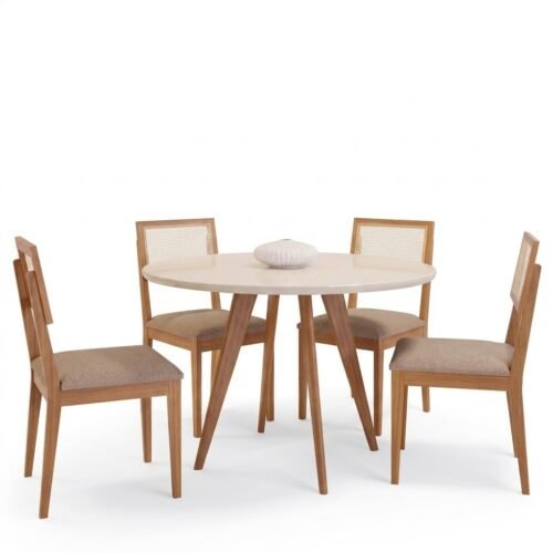 Alternative view of Mesa Redonda Acerola 109 (C/Vidro) Madeira/Off White com 4 Cadeiras Palmas Linho Bege – CIMOL