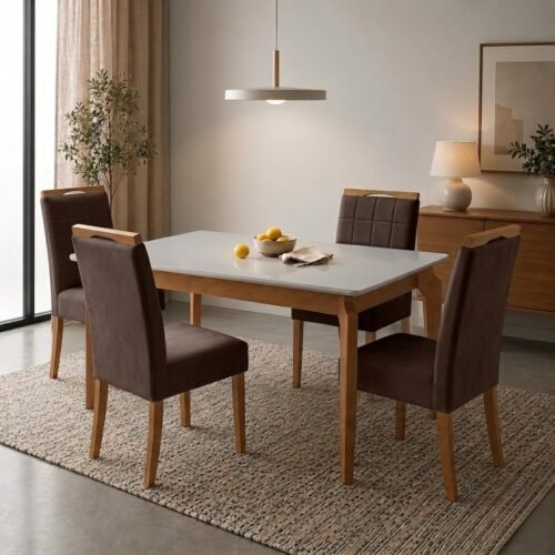 Mesa Atos 100 (Tampo 18 mm) Mel/Off White com 4 Cadeiras Las Vegas Veludo Marrom 17 – VIEIRA DECOR + OURO DECOR