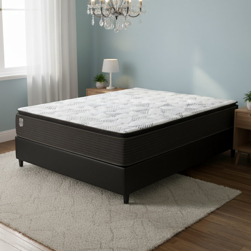 Colchão Casal Ravena 33 cm D26 Molas Ensacadas + Base Simples Corino Preto – UMAFLEX + BIOSTAR