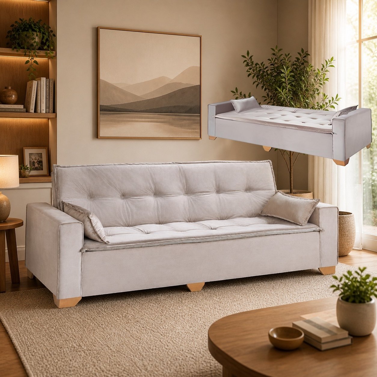Sofá Cama Canadá 2,18 m Veludo Bege 194 - TOP ESTOFADOS