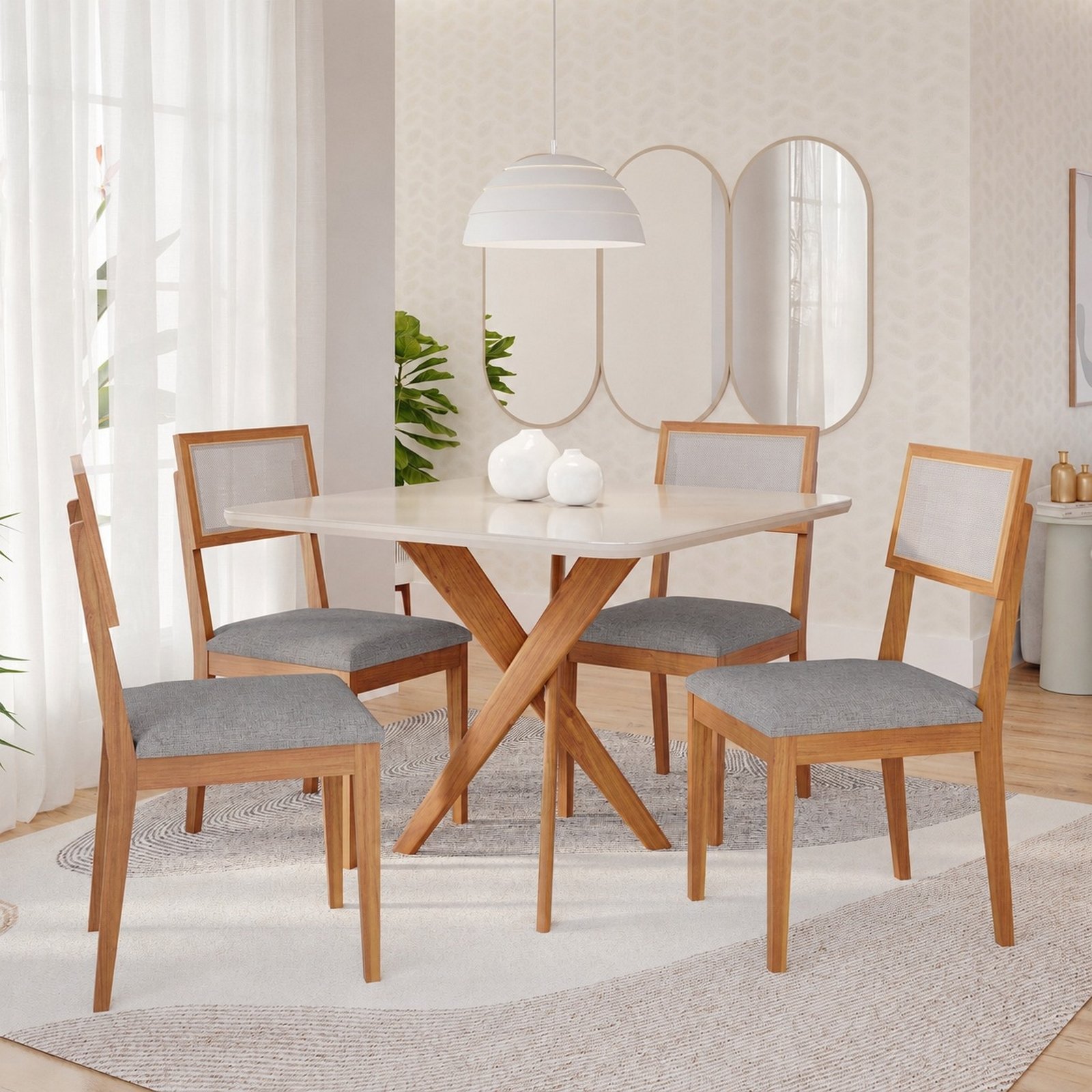 Mesa Cacau 95 (C/Vidro) Madeira/Off White com 4 Cadeiras Encanto Linho Cinza Grafite – CIMOL