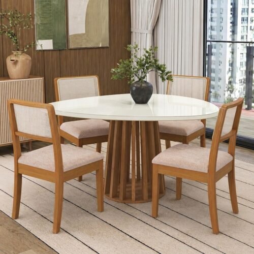 Mesa Lavanda BA45 135 Canela/Off White com 4 Cadeiras Lola 2CMM004CA Linho Areia A085A – KAPPESBERG