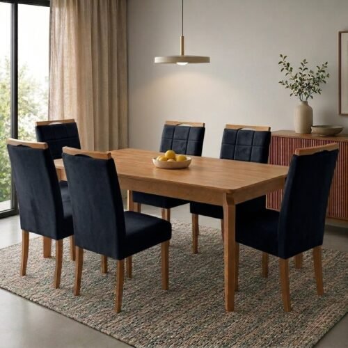 Mesa Atos 180 (Tampo 26 mm) Laminada Mel com 6 Cadeiras Las Vegas Veludo Preto 13 – VIEIRA DECOR + OURO DECOR