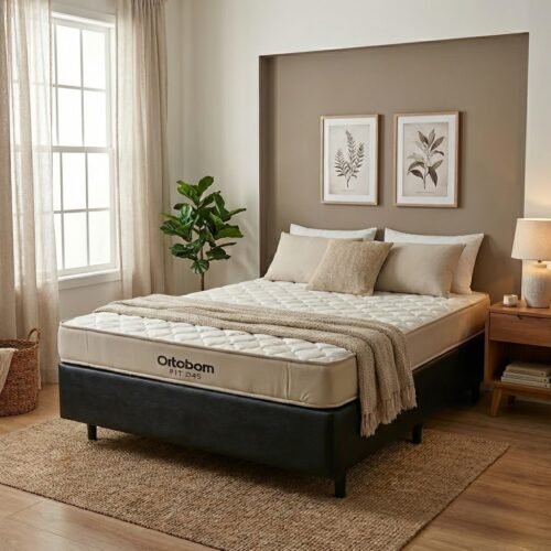 Colchão Casal Fit 25 cm D45 + Base Simples Corino Preto – ORTOBOM + BIOSTAR