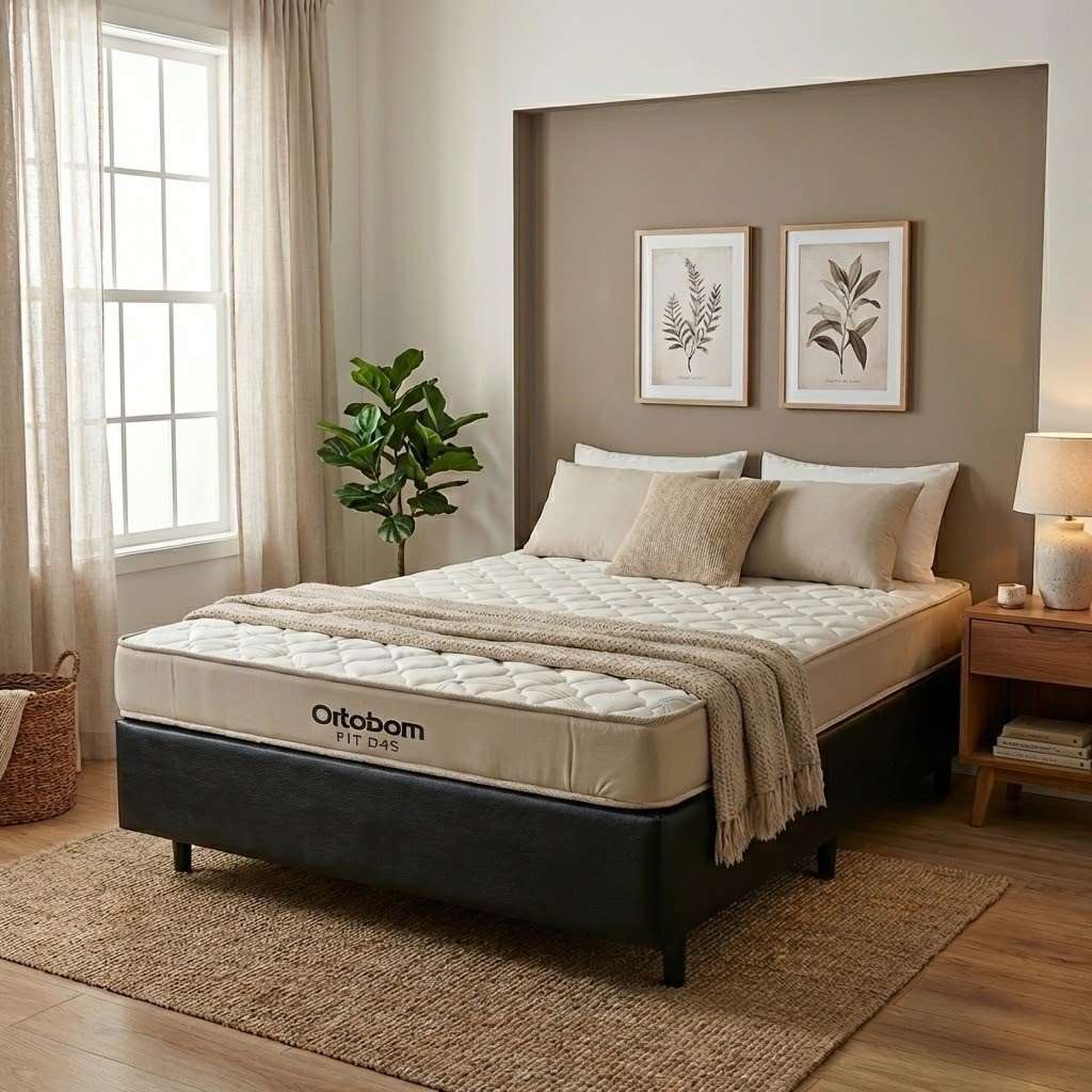 Colchão Casal Fit 25 cm D45 + Base Simples Corino Preto – ORTOBOM + BIOSTAR