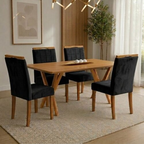Mesa Essência 120 (S/Vidro) Cinamomo com 4 Cadeiras Las Vegas Veludo Preto 13 – JCM MOVELARIA + OURO DECOR
