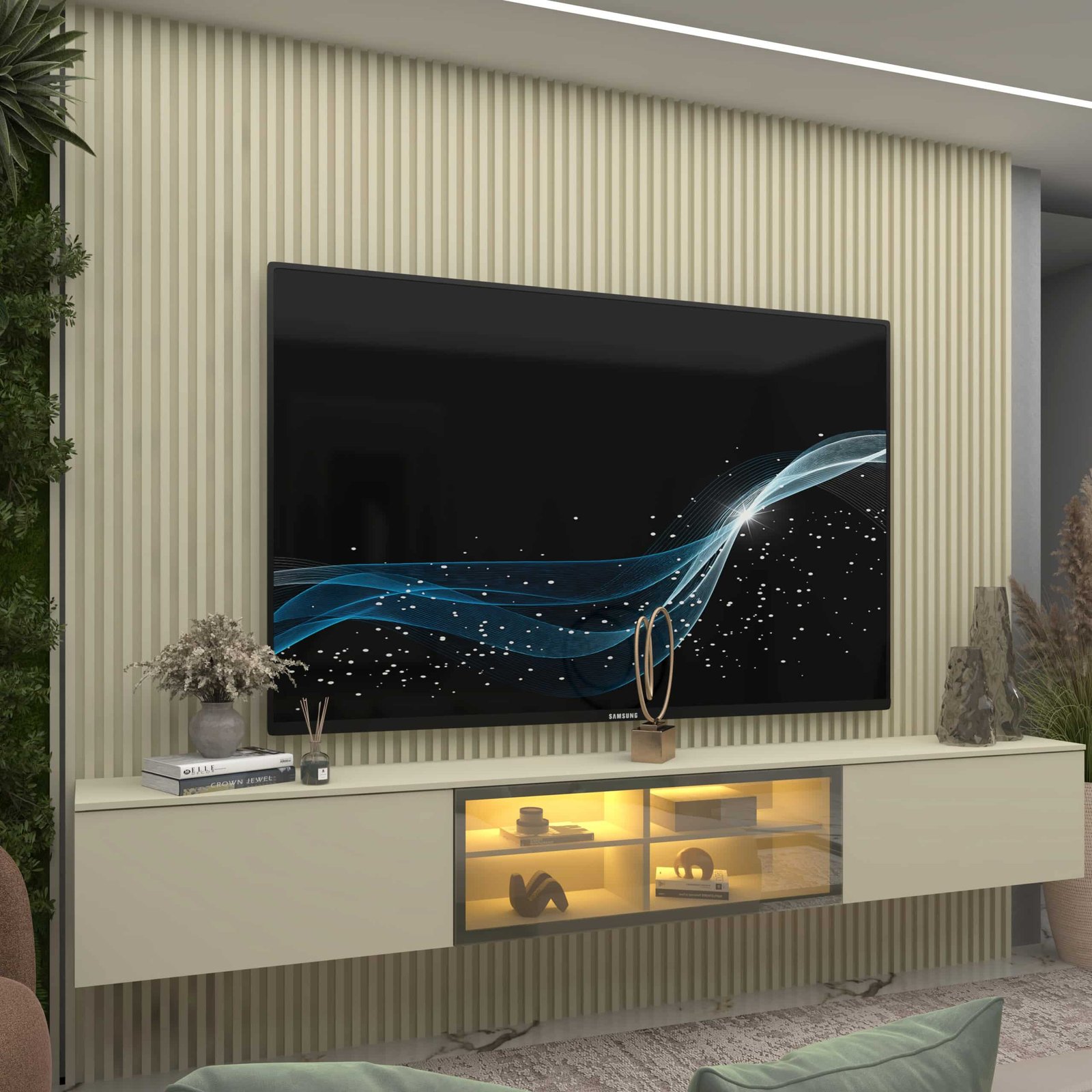 Home Suspenso até 85" Supremo Ripado 218 Off White com Nicho Luminare Off White - GELIUS - Imagem 4