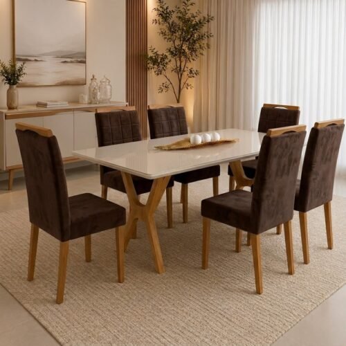 Mesa Essência 180 (C/Vidro) Cinamomo/Off White com 6 Cadeiras Las Vegas Veludo Marrom 17 – JCM MOVELARIA + OURO DECOR