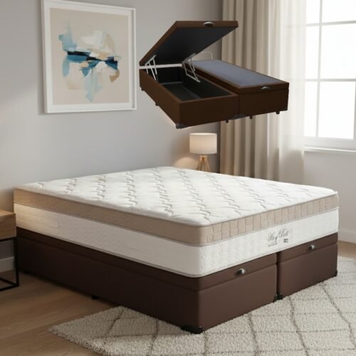 Colchão Queen King Best 28 cm D28 Molas Ensacadas + Base Baú Corino Marrom – ANJOS + ALTO NÍVEL